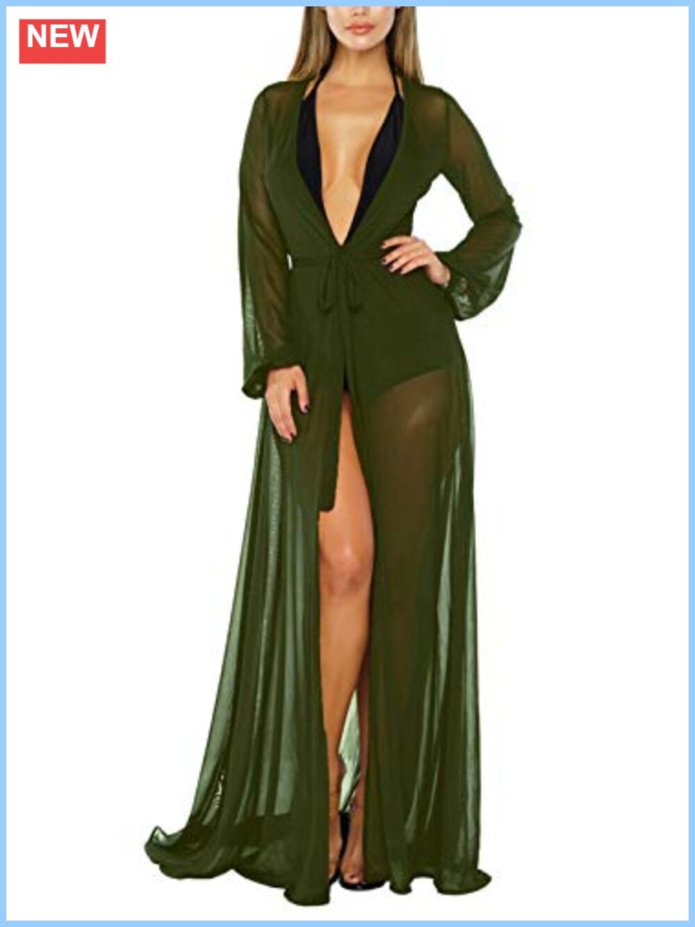 Women's Long Sleeve Flowy Maxi Swimsuit Cover Up Tie Front Robe